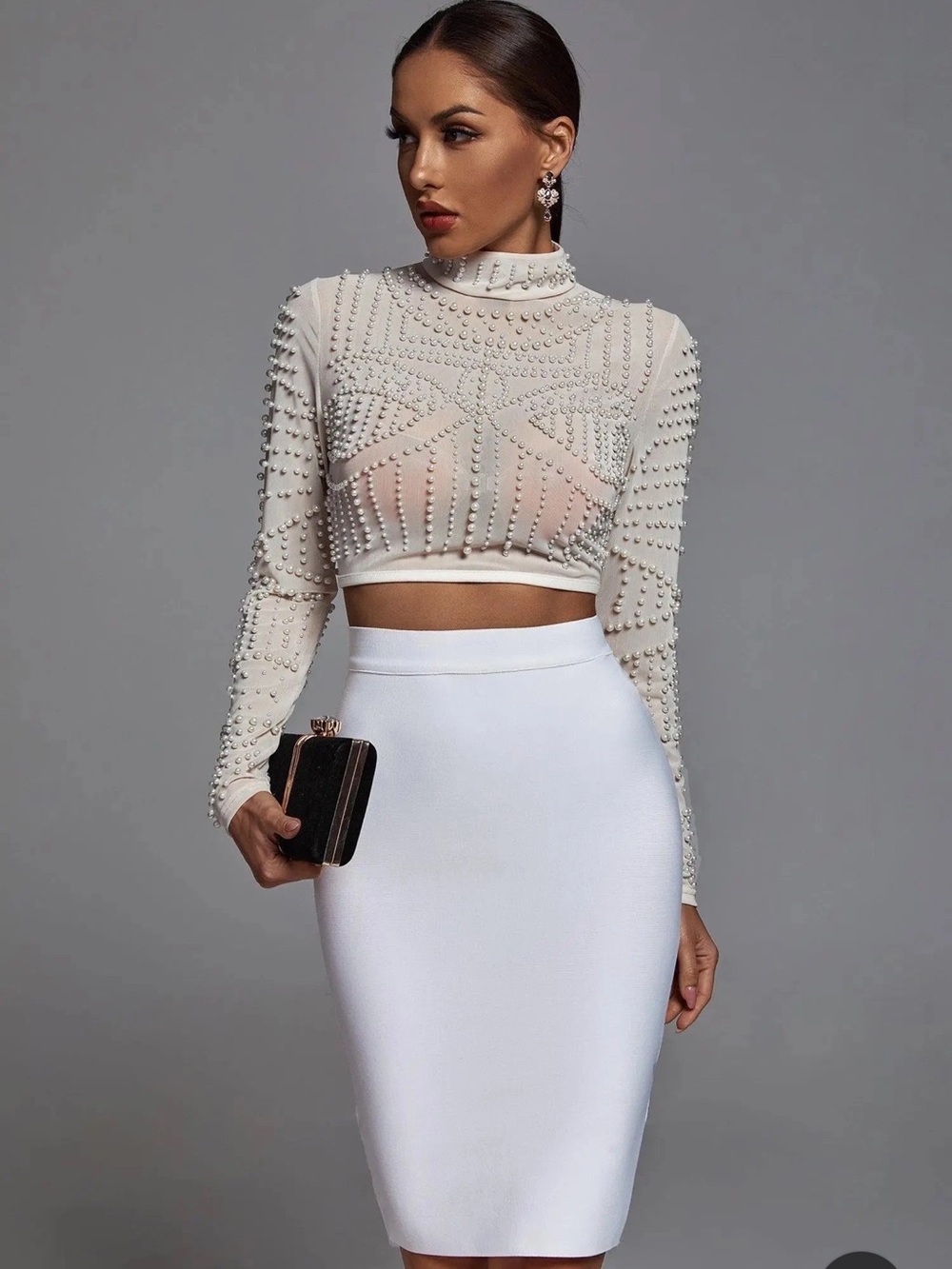 Embellished Ivory Long-Sleeve Crop Top